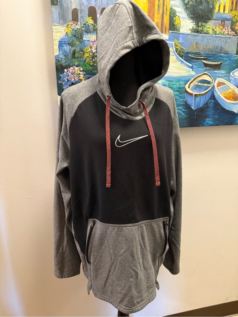 Nike Black & Gray Pullover Hoodie with Maroon Drawstrings